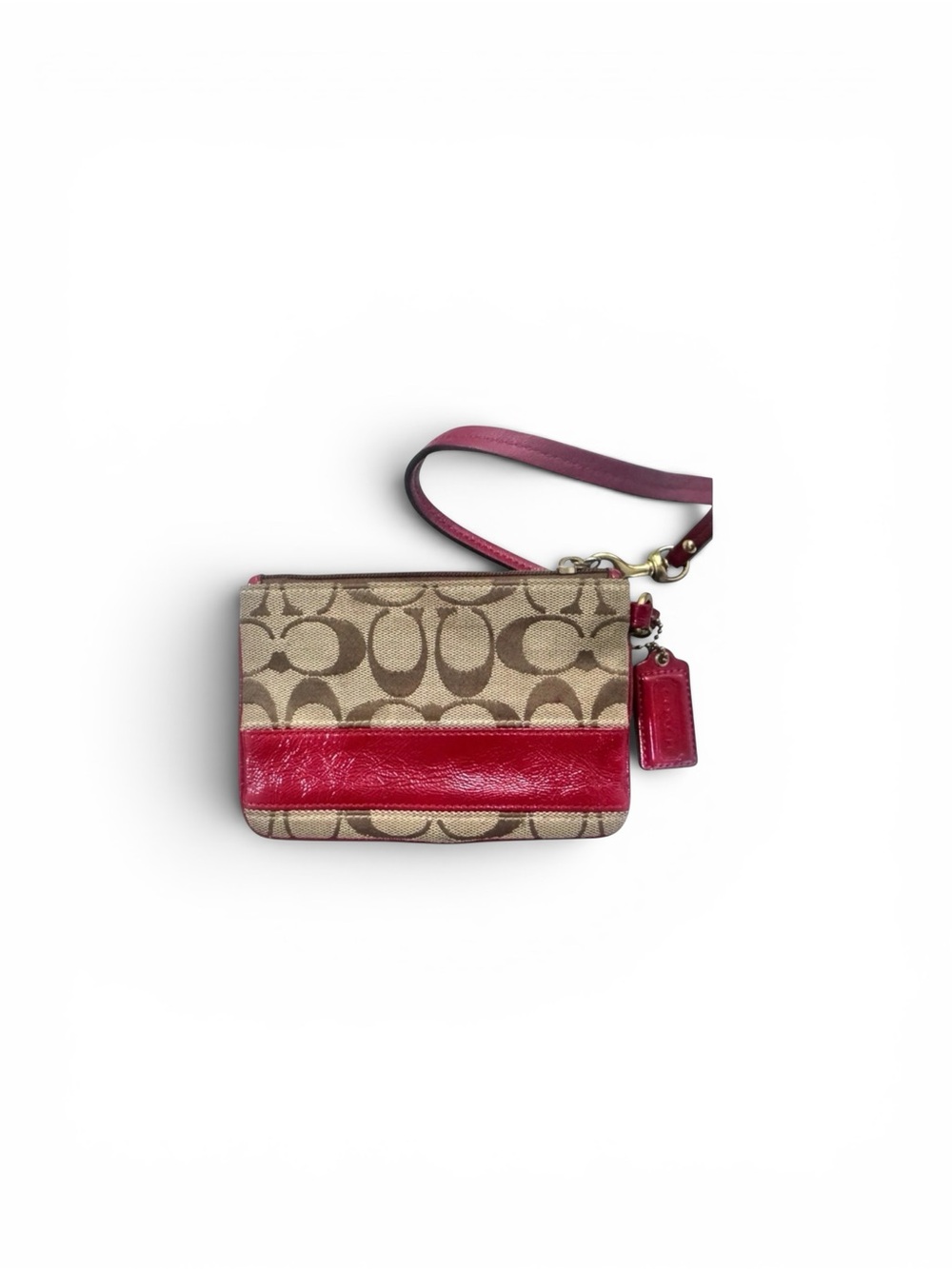 COACH LEGACY CANVAS SIGNATURE WRISTLET WITH RED LEATHER TRIM